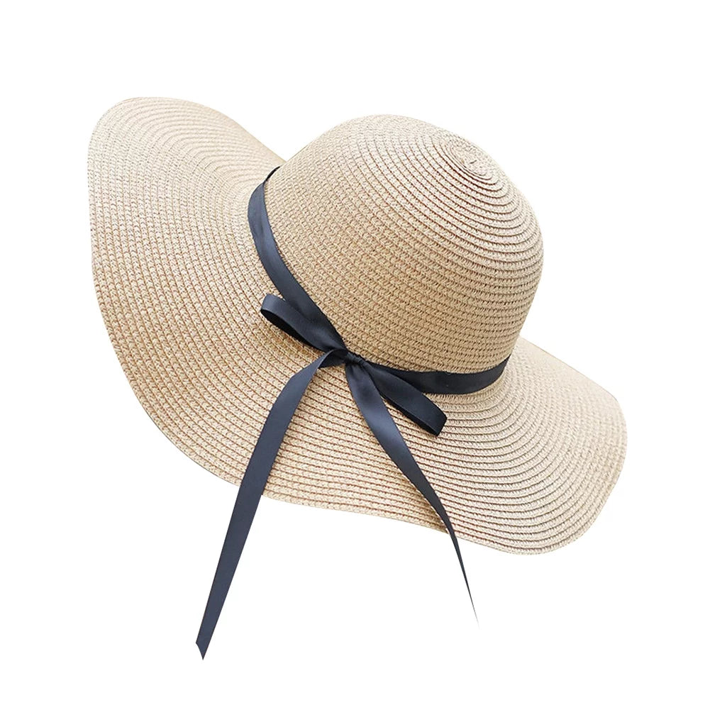 Foldable Women Summer Wide Brim Floppy Straw Ribbon Bow Sun Hat Beach Bucket Cap