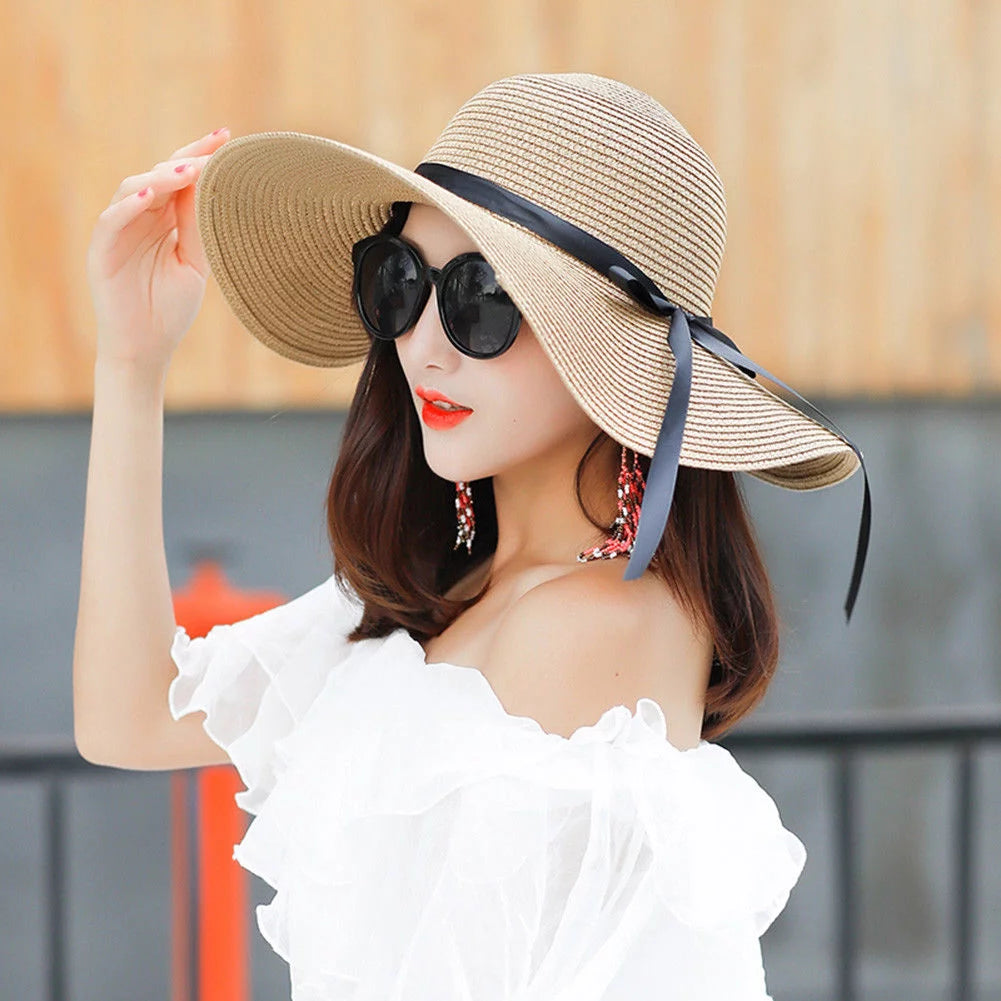 Foldable Women Summer Wide Brim Floppy Straw Ribbon Bow Sun Hat Beach Bucket Cap