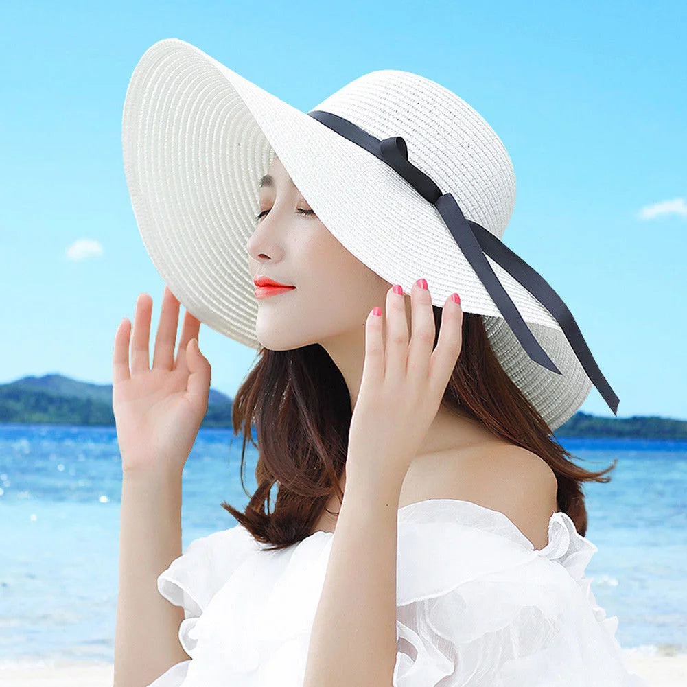 Foldable Women Summer Wide Brim Floppy Straw Ribbon Bow Sun Hat Beach Bucket Cap