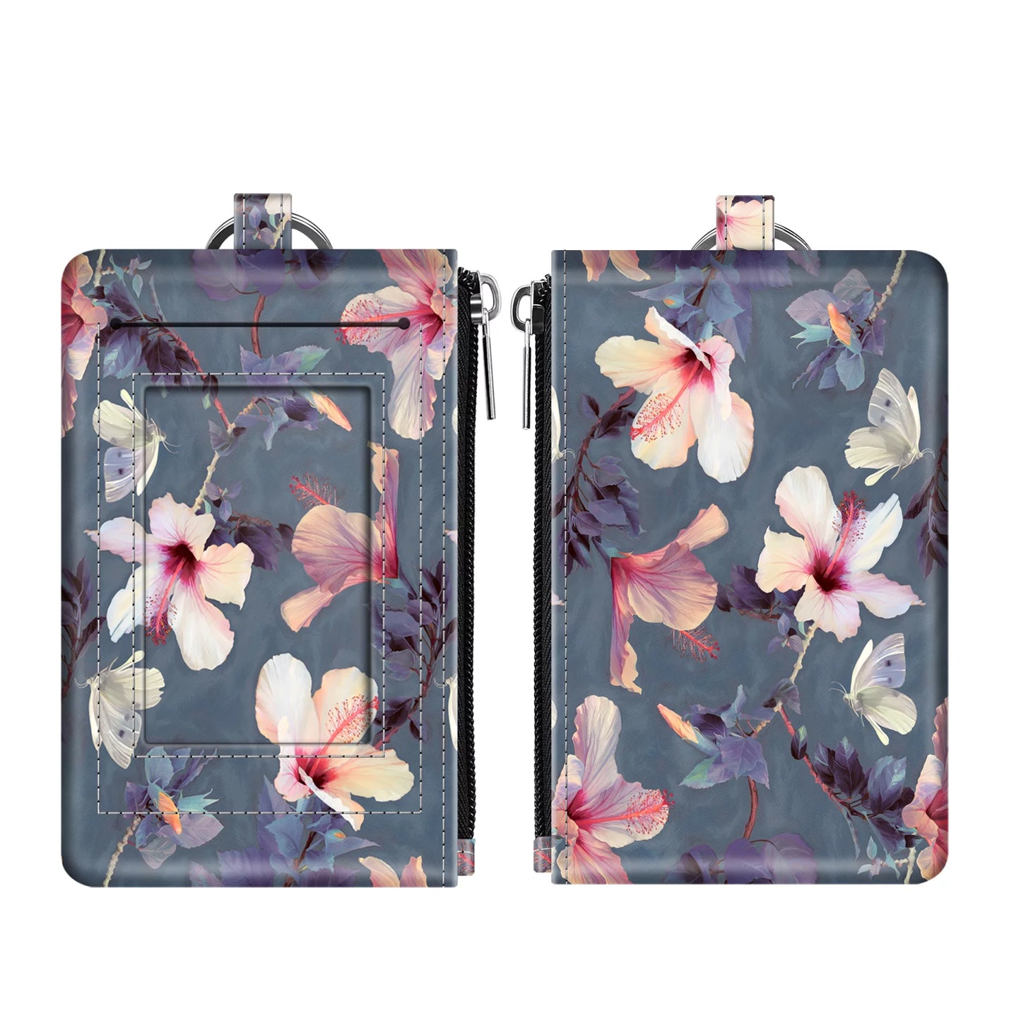 Zip ID Case, Slim Coin Purse Wallet RFID Blocking Card Holder Change Pouch with Key Ring (Blooming Hibiscus)