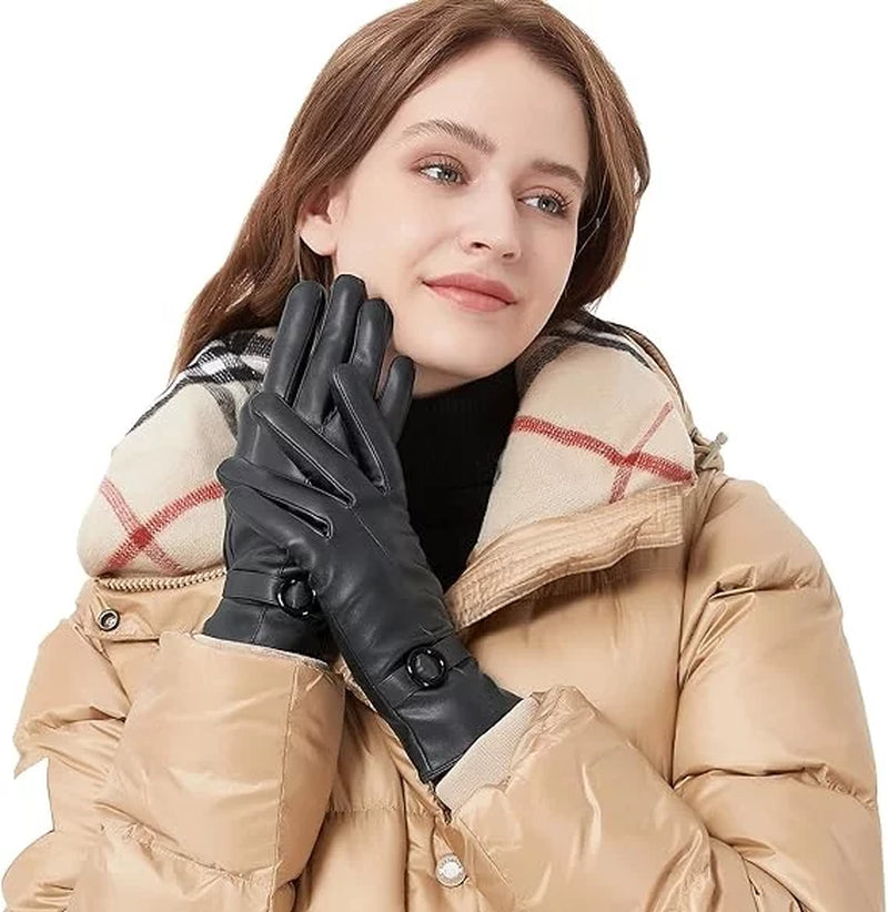 Winter Lambskin Leather Women'S Gloves with Touchscreen Texting and Warm Driving Function