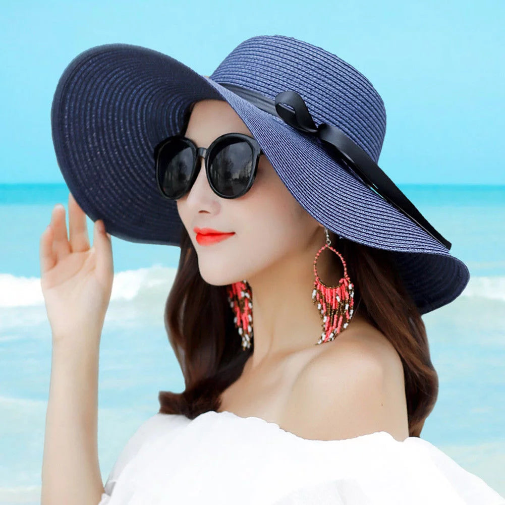 Foldable Women Summer Wide Brim Floppy Straw Ribbon Bow Sun Hat Beach Bucket Cap