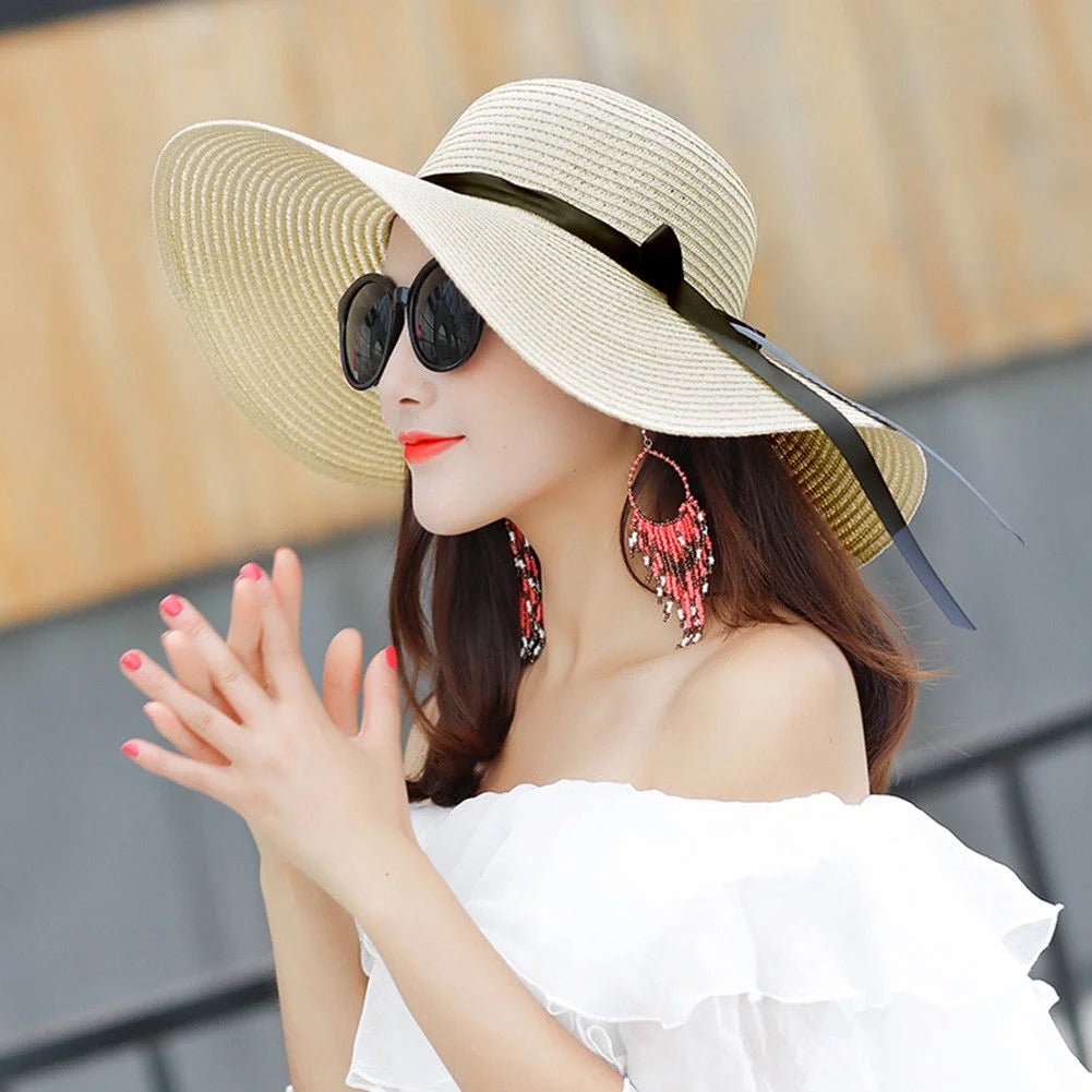 Foldable Women Summer Wide Brim Floppy Straw Ribbon Bow Sun Hat Beach Bucket Cap