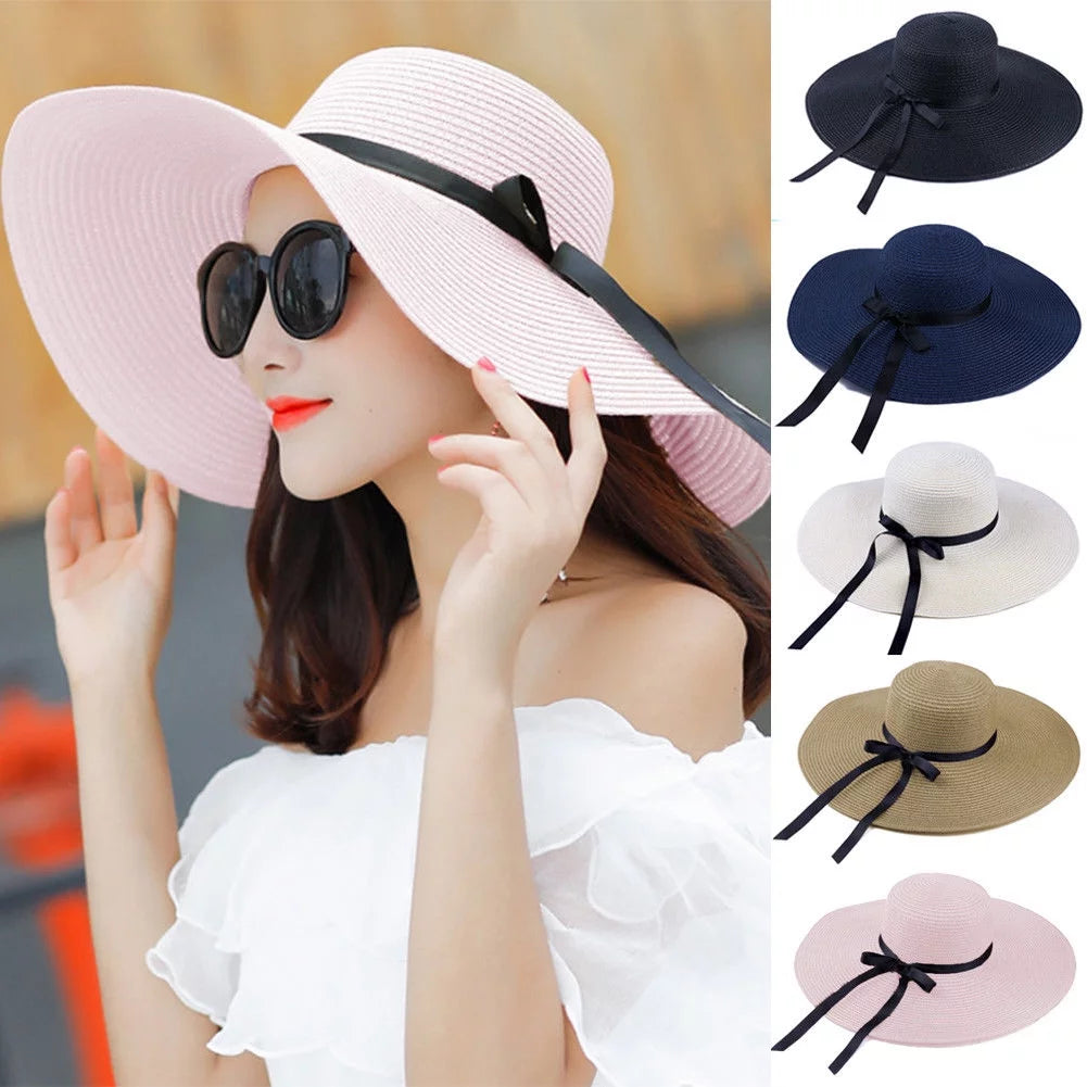 Foldable Women Summer Wide Brim Floppy Straw Ribbon Bow Sun Hat Beach Bucket Cap