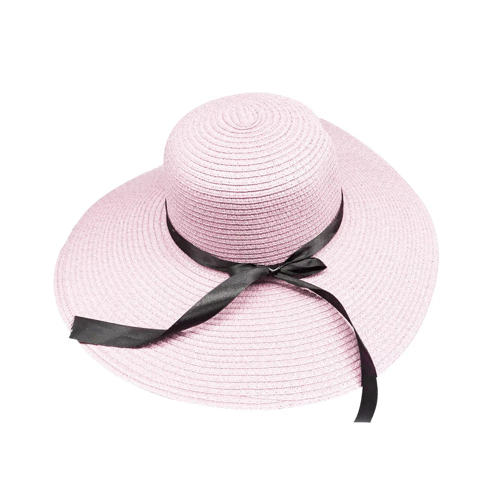 Foldable Women Summer Wide Brim Floppy Straw Ribbon Bow Sun Hat Beach Bucket Cap