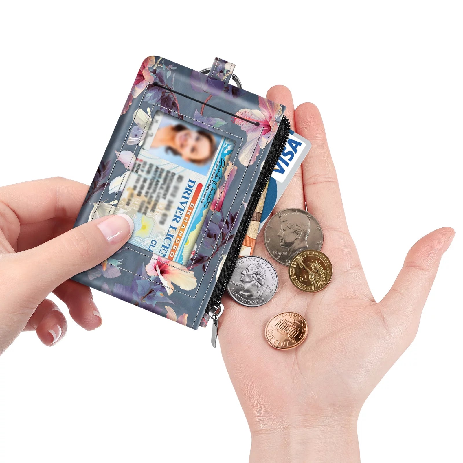 Zip ID Case, Slim Coin Purse Wallet RFID Blocking Card Holder Change Pouch with Key Ring (Blooming Hibiscus)