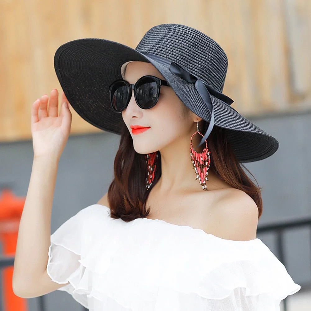 Foldable Women Summer Wide Brim Floppy Straw Ribbon Bow Sun Hat Beach Bucket Cap