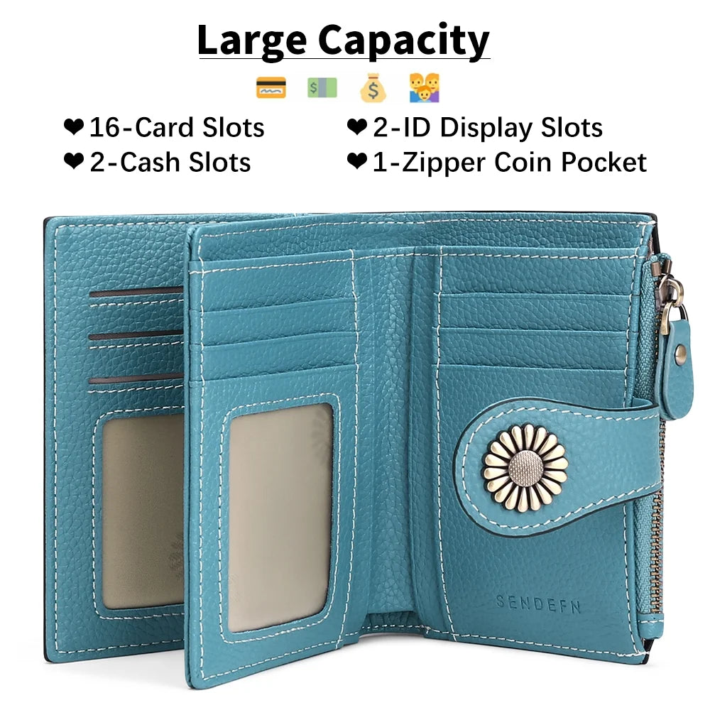 Small Women Wallet Genuine Leather Bifold Purse RFID Blocking Card Holder